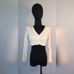 Shein Cream Button Up Long Sleeve Crop Top